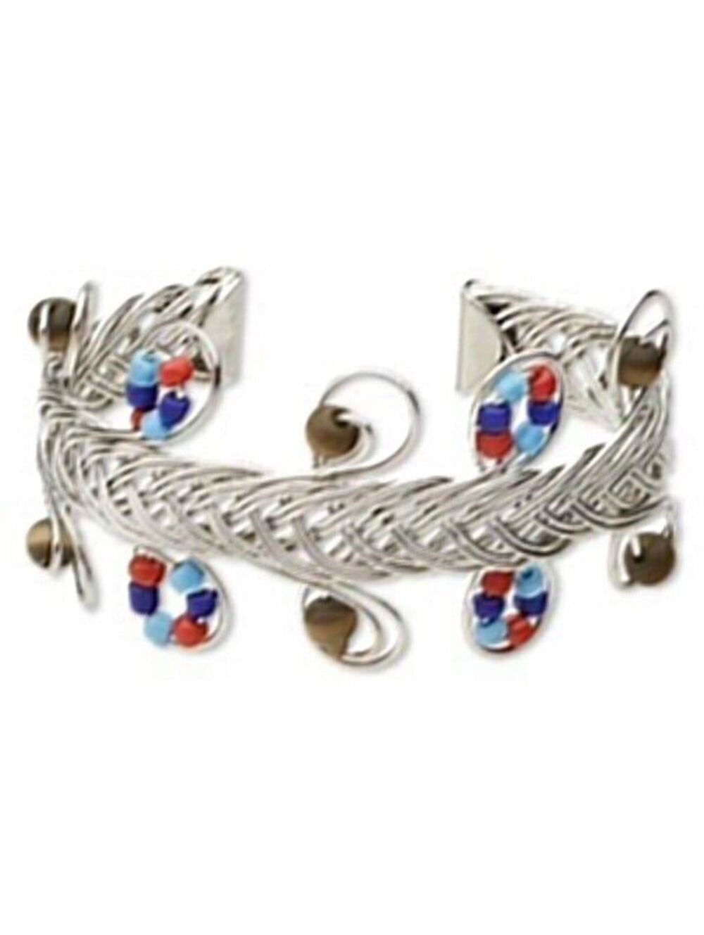 Handcrafted Silver Tone Multi Color Glass Beads Wire Weave Cuff Bracelet